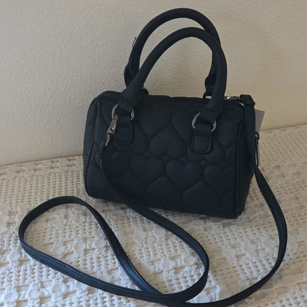 Luv Betsy By Betsy Johnson Black Heart Quilted Barrel Satchel Crossbody Bag